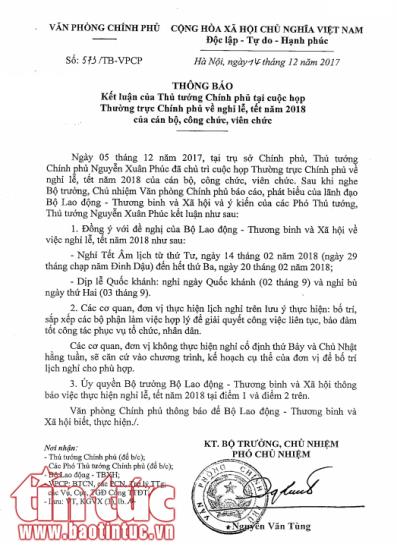 Chốt lịch nghỉ Tết Nguyên đán 2018, nghỉ trước Tết 2 ngày ảnh 2